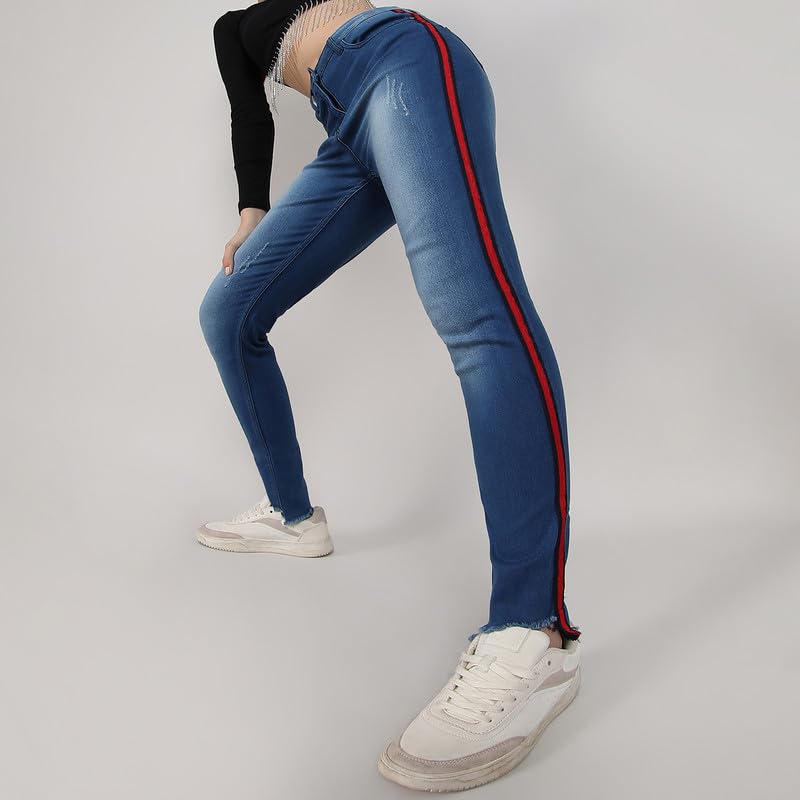 Image of PINACOLADA Women's Side-Striped Denim Jeans for Casual Wear | Light-Wash | Regular Fit | Button Closure | Cotton Denim Jeans Crafted with Comfort Fit for Everyday Wear