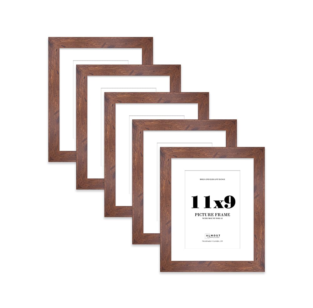 11x9 Rustic Wood Frame With Mount for A5 Pictures 28mm Edge Portrait and Landscape Display with Wall Hooks and Kickstand, 5 Pack