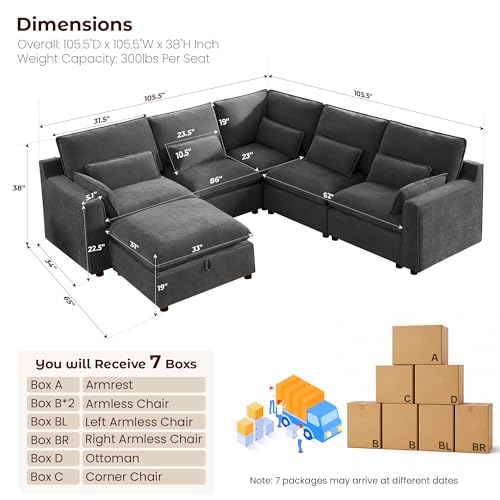 Image of Modern Modular Sectional Sofa,105 inch V Shape Sectional Cloud Couch with Storage Ottoman,Comfty 6 Seat Sofa for Living Room,Grey Chenille