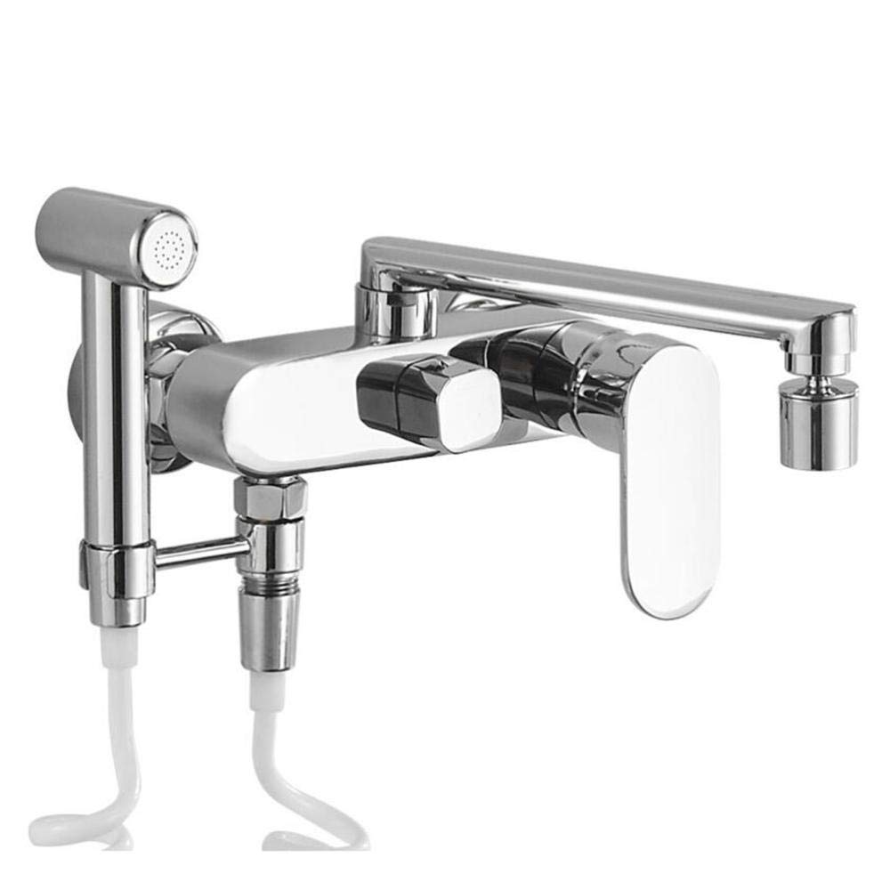 BHFPFZA Wall-Mounted Kitchen Faucet with 180° Swivel, Dual-Mode Spray Mixer, Hot & Cold Water, Brass Construction, Multifunctional Sink Tap for Home Upgrade