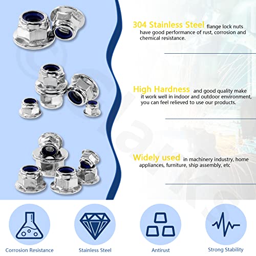 Glarks 15Pcs M5 304 Stainless Steel Hex Flange Nut Nylon Insert Lock Nuts, Bright Finish For Furniture Machinery Industry Fasteners #TOP5