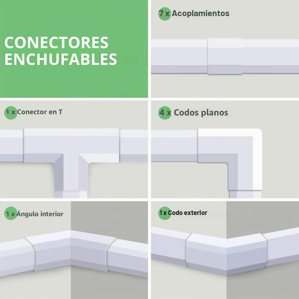 MUDEELA Canaleta de Cables autoadhesiva de PVC, 320 cm, para Ocultar Cables, para Todos los Cables de alimentación en el hogar y la Oficina, 8 Unidades de 40 x 3 x 1,7 cm
