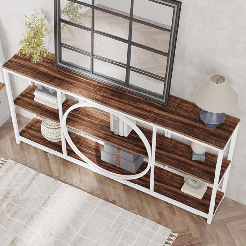 Tribesigns 70.9 inch Sofa Console Table, Extra Long Narrow Entryway Tables with 3 Tier Wood Storage Shelves Industrial Metal Frame for Foyer Hallway Living Room Behind Couch, White Walnut