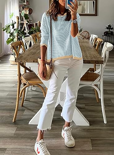 Image of Dokotoo Women's Long Sleeve Sweaters Casual Crewneck Fashion Fall Striped Color Block Shirts High Low Pullover Sweater Tops