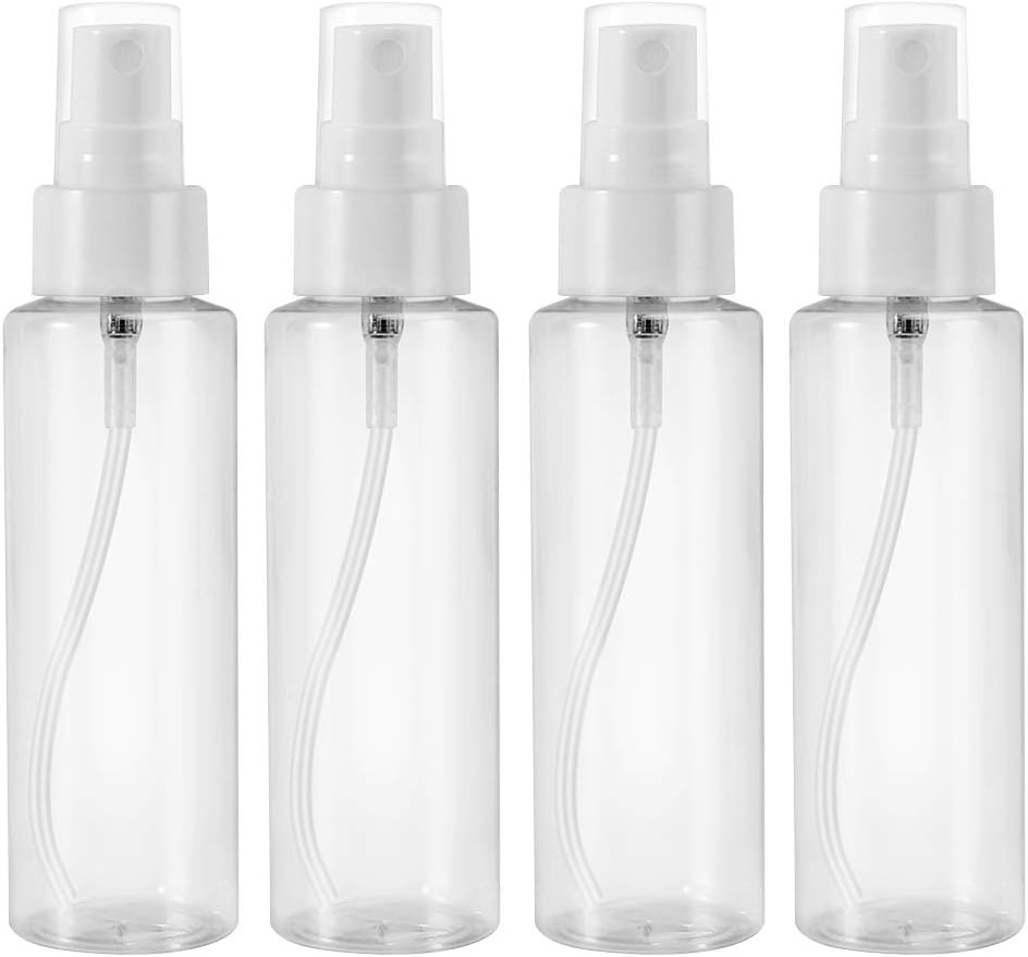 STARSIDE 4 Pack 100 ML Clear Plastic Spray Bottles with Fine Mist Sprayer.Refillable & Reusable Bottles for Essential Oils,Perfumes,Cleaning Products,Aromatherapy.6 Labels as gift.