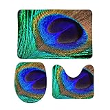 Habilboi Non Slip Bathroom Rugs Set 3 Piece Bath Mats Set Peacock Feathers Bath Rug and U-Shape Contoured Toilet Mat & Toilet Lid Cover Mat 16x24inch