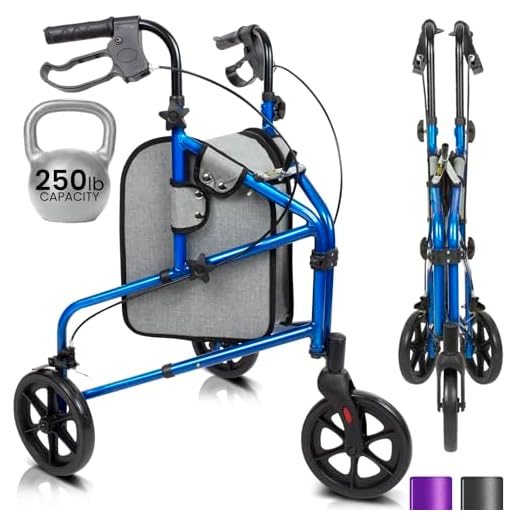 Vive Mobility 3 Wheel Rollator Walker - Lightweight and Foldable for Seniors, Elderly, Men, Women - Folding Heavy Duty Tri-Wheeled for Indoor/Outdoor Use (Blue)