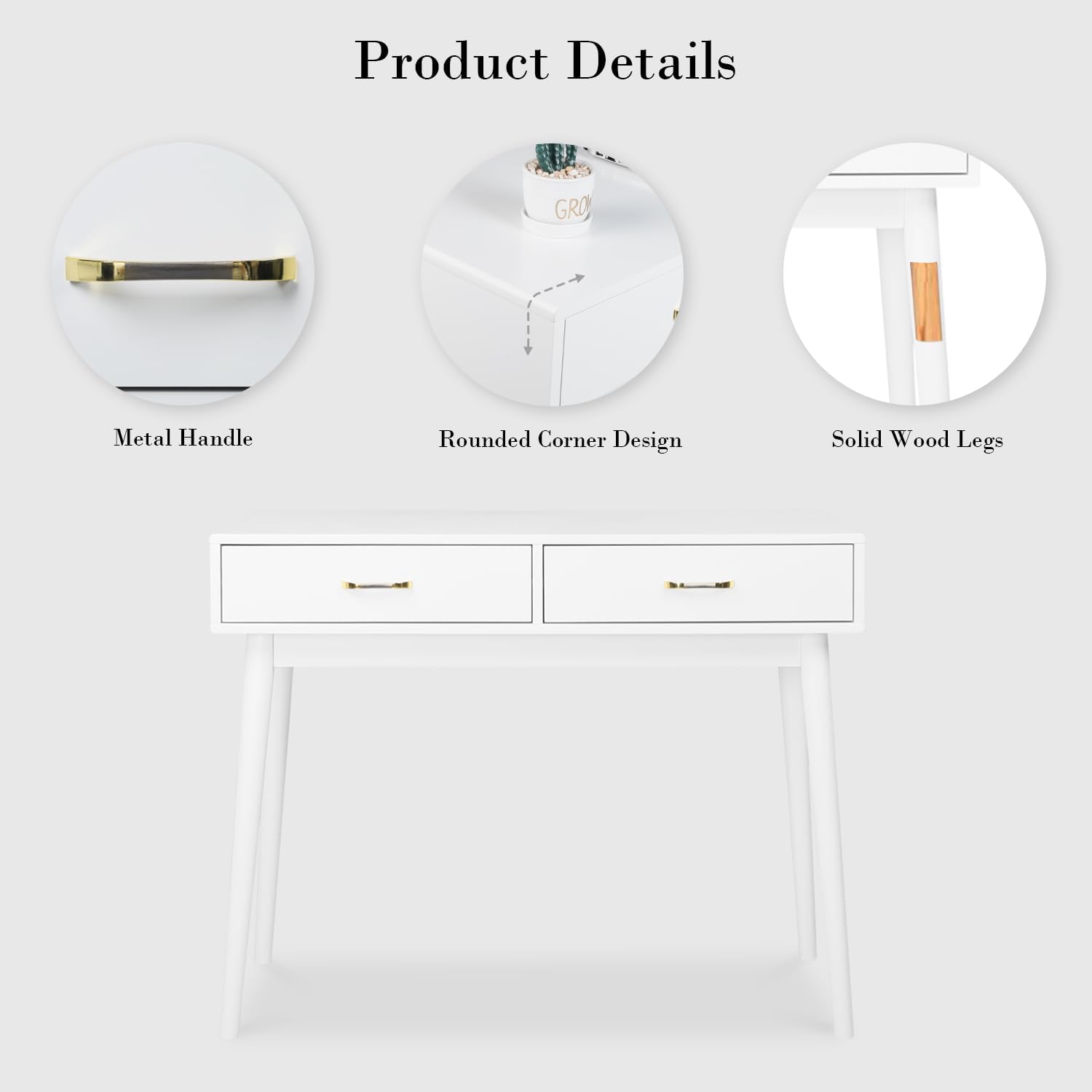 Close-up details of the FUNKOCO white desk, highlighting the metal handle, rounded corner design, and solid wood legs.