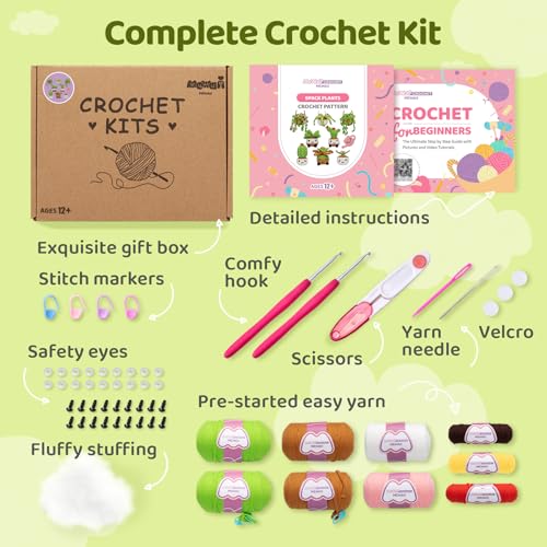 Image of Mewaii Crochet Kit for Beginners,9PCS Crocheting Plant Kit with Step-by-Step Video Tutorial,DIY Easy Knitting Kit with 40% Extra Peasy Yarn for Adults & Kids