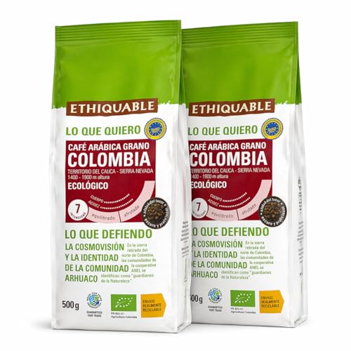Pack 2x Café Premium en Grano Colombia Cauca Ethiquable Bio 500 g | 2 Paquetes de 500 g (Total 1 kg) | Café Ecológico de Origen | Tueste Aromático