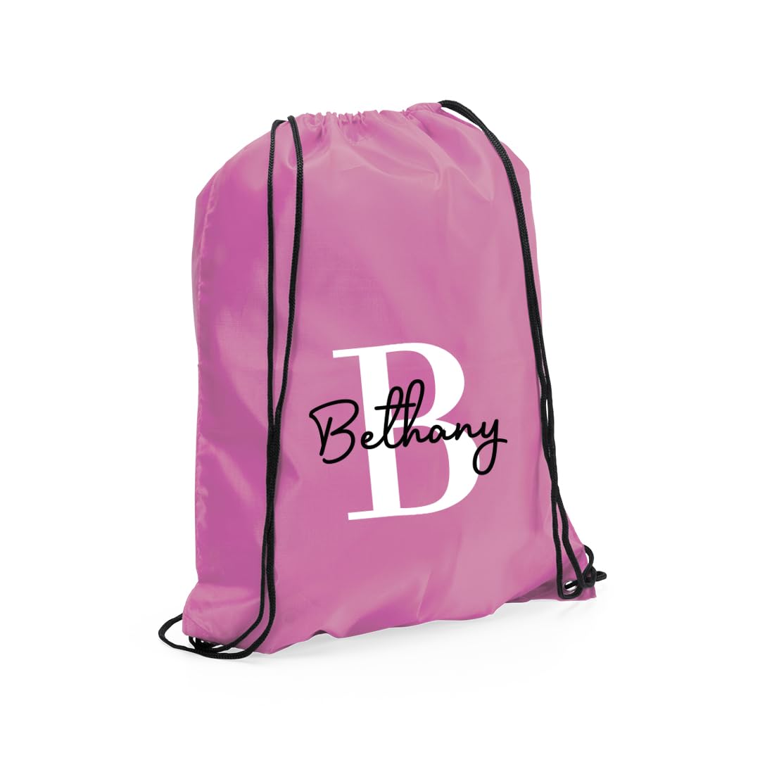 eBuyGB Personalised Drawstring Bag with Initial & Name, Monogrammed Kids Backpack, Gym Rucksack, School Sport Bag, Children's PE Kit (Light Pink)