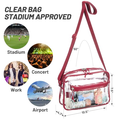 Image of Red Clear Crossbody Bag Stadium Approved，Transparent Messenger Purse concerts see through Pastic with front pocket Adjustable Strap