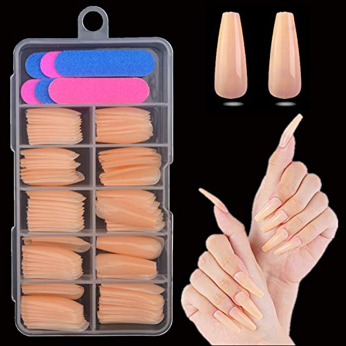 editTime 100pcs Super Long Glossy Fake Nails Coffin Press on Nails Ballerina Solid Color Acrylic False Nails Art Salon Ongles Fingers Nails (beige)