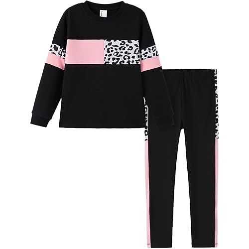 PATPAT Little Girls Clothes Crew Neck Leopard Color Block Sweatshirt and Leggings Girls Outfits Size 4-14Y