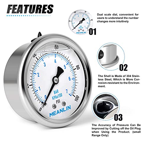 Image of MEANLIN MEASURE 0~100Psi Stainless Steel 1 /4 inch NPT 2.5 inch FACE DIAL Liquid Filled Pressure Gauge WOG Water Oil Gas Center Back Mount