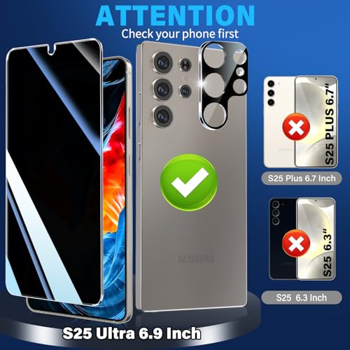 Image of 3 Pack Privacy Screen Protector for Samsung Galaxy s25 ultra Tempered Glass + 2 Pack Camera Lens Protector, True 25Anti Spy, Military Grade Shatterproof, 9H+ Hardness, Auto Alignment Frame 6.9 inch