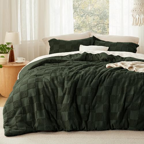 Image of Bedsure Full Size Comforter Set Dark Olive Green, Boho Tufted Bed Set, Checkered Farmhouse-Style Distressed Vintage Bedding, 3 Pieces, 1 Plaid Geometric Comforter and 2 Pillow Shams