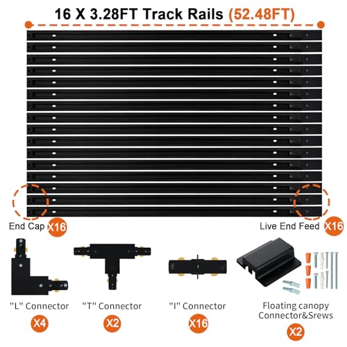 52FT H Track Lighting Rail Kit, Zanixor Black H Type Track Lighting Rails with Floating Canopy Connector, I&L&T Connector, End Caps and Live End Feed for 120V H Style 3-Wire Track Heads - Thumbnail 2