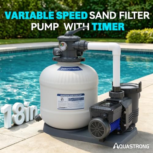 Image of AQUASTRONG 18in Sand Filter Pump for Above Ground Pool with Timer, 1.5 HP Variable Speed Pool Pump, 1200-4000 RPM, 3302-8189 GPH, 220V, 6-Way Valve Pool Filter, Energy Efficient, Powerful Self-Priming