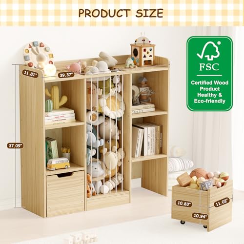 Image of Toy Storage Organizer with Stuffed Animal Storage, Solid Pine Wooden Toy Organizer & Stuffed Animal Zoo, 4 Cubes Shelf with 2 Movable Drawers, 4 -in-1 Book Shelf for Kids Room, Playroom, Nursery