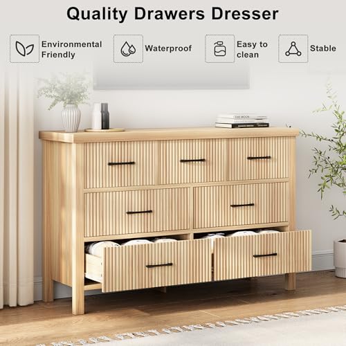 Jocoevol Fluted 7 Drawers Dresser for Bedroom, Modern Chest of Drawers with Metal Handle, Wood Dresser TV Stand, Wooden Closet Clothes Storage Organizer for Living Room, Hallway (Natural Oak) - Image 5