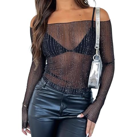 Just Quella Women's Off The Shoulder Long Sleeve Black Sheer Sequin Mesh Crop Top (US 0-2) Cover