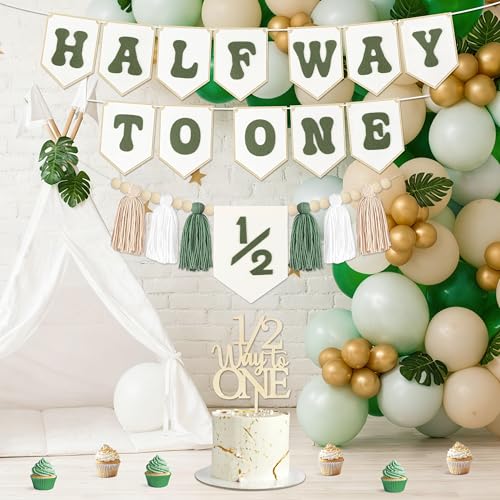 Image of 1 /2 Birthday Boy Half Birthday Decorations - White Green Half Way to One Banner Cake Topper Tassel Wood Bead High Chair Banner Hat for Boys 6 Months Birthday Decorations Party Supplies