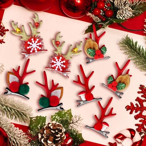 Image of 8 Pairs Christmas Hair Clip, Reindeer Antlers Headband Hairpins Antlers Ears Hair Accessory Cute Hairpins Christmas Hair Accessorieswith Plush Ball, for Yule Party