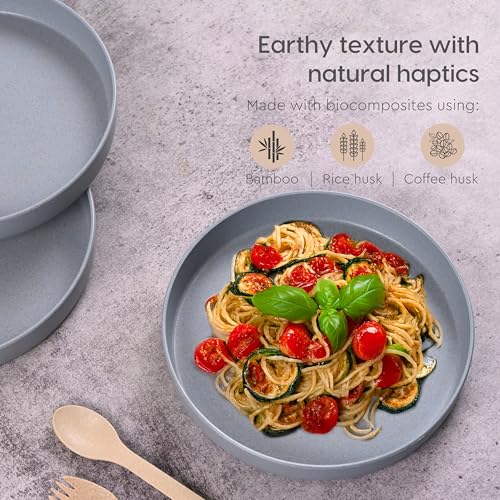Image of Eha Earth Friendly Verde Round Plates | Set of 4 | 8 inch | Made with Rice Husk Biocomposite | Breakfast Plates | Unbreakable Dinner Plates Set | Microwave Safe | Azure