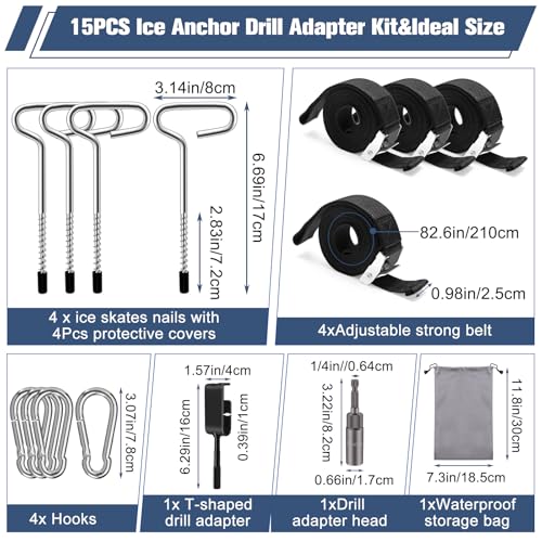 COITEK 15PCS Universal Ice Anchor Drill Adapter Kit,Heavy Duty Ice Fishing Anchor Tool Kit, Ice Anchor Stake Tool with Storage Bag for Setting Up Shelter Tent 4PCS Stake Nails/Strap/Hook 2P Adapter - Thumbnail 2