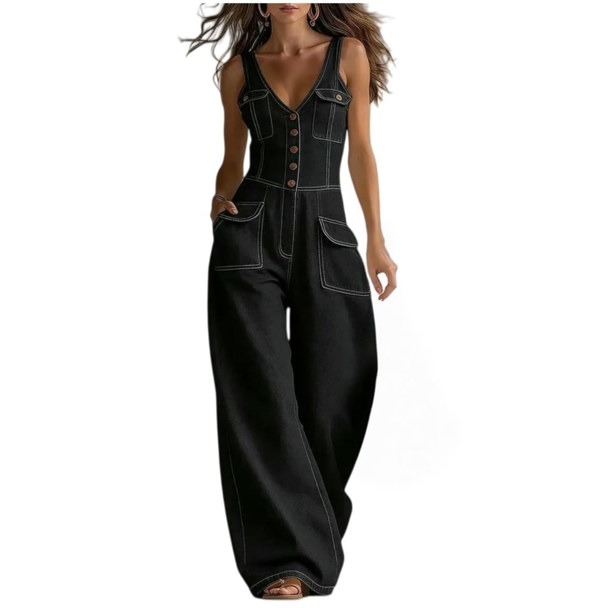Salopette Donna Estiva,Tuta Intera da Donna in Denim Senza Maniche con Scollo A V, Bottoni, Ideale per Le Vacanze al Mare E La Spiaggia, con Spalline.