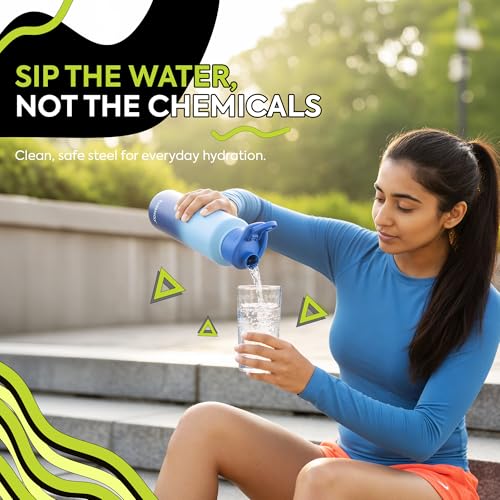 Image of Water Bottle 1 ltr Stainless Steel Sports /Fridge Bottle with Sipper Cap (Pack of 2)| 1-Year Warranty | Single Wall | For Home, Office, Gym | Craft Pro 950ml | Blue-Denim Blue Ombre