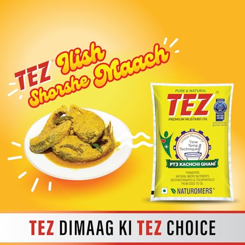 Image of Tez Mustard Oil for Cooking 1L Pouch | PT3 Kachchi Ghani Sarson Ka Tel | 100% Pure & Natural Oil | Promotes Gut Health with Antibacterial & Antifungal Benefits | Supports Good Health
