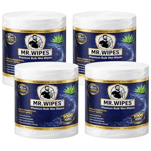 Image of MR. WIPES Premium Bulk Wet Wipes - 1000 Count per Roll (4 Rolls), Gym & Fitness Equipment, Commercial Use, 8 inch x 6 inch Sheet, Pro Series 40 GSM