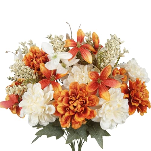 GhuaH 2 Pcs Fall Flowers Artificial for Decoration Fake Marigold Orange Autumn Centerpiece Silk Camellia Flower Fall Florals Stems Faux Flowers Arrangements for Cemetery Party Thanksgiving Home Decor