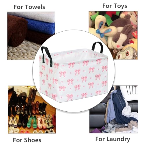 Image of Pink Bow Canvas Storage Basket Waterproof Laundry Hamper with Leather Handles Collapsible Decorative Bin for Girls Bedroom Toys Clothes Gift Giving