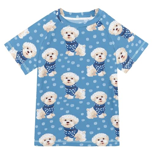 ALAZA Kids Rash Guard Toddler Swim Shirt Boy Girls White Blue Dog UPF 50+ Short Sleeve 4T