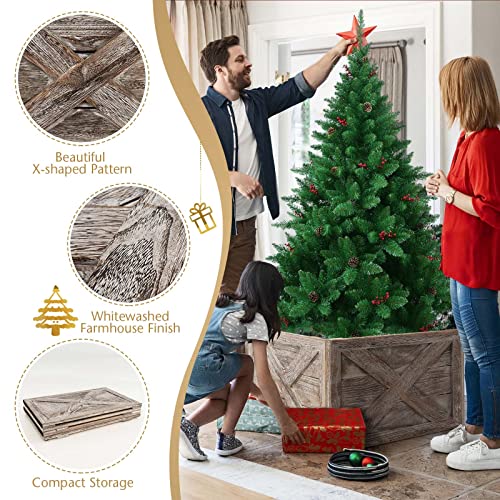 Goplus Wooden Tree Collar Box, 100% Solid Wood Farmhouse Tree Box, Rustic Christmas Tree Skirt, Vintage Weathered Wood Decoration, 4 Sides (Grey, 24” X 22.5” X 14.5”) #TOP3