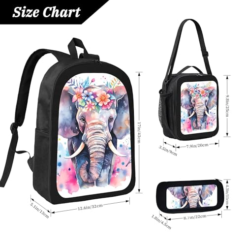 Colorful Animal Elephant 3 Pcs 17 Inches Backpack Set with Insulated Lunch Bag And Pencil Pouch Large Back Pack for Men Women Lunchbox Pencil Case Waterproof Backpacks Lunch Box 3 Piece Daypacks4