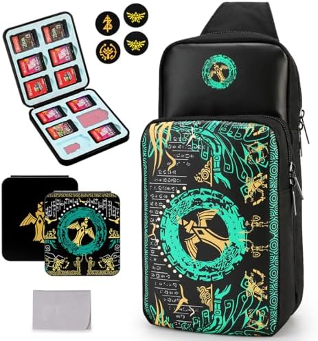 Owngen Travel Bag for Nintendo Switch/Lite/OLED, for Zelda Tears of The Kingdom Portable Sling Shoulder Crossbody Carrying Storage Accessories Backpack with Cute Game Card Case, 4 Thumb Grip Caps