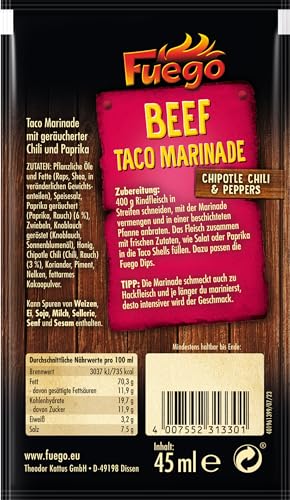 Fuego - Beef Taco Marinade | Flüssige Marinade für Rindfleisch | Ohne Geschmacksverstärker, ohne Farbstoffe | 45 ml