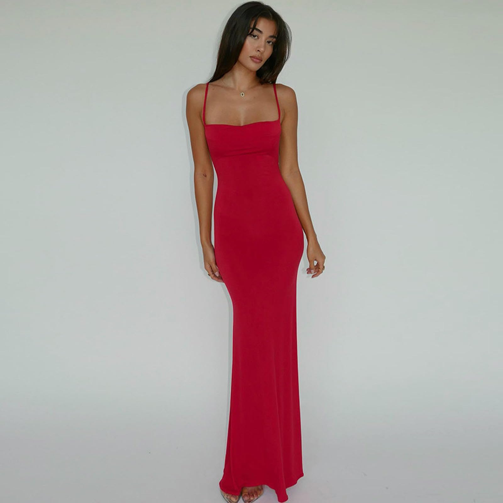 Vestito Donna Abito Estivo da Sexy Senza Maniche, vestibilità Slim, con Spalline sulla Schiena, in Tinta Unita-Marrone-s