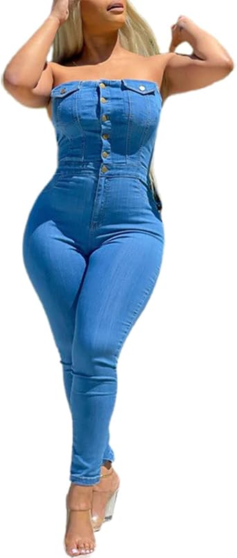 Womens Sexy Sleeveless Denim Jumpsuit Slim Button Jeans One Piece Pant Set with Pocket Party Club Wear