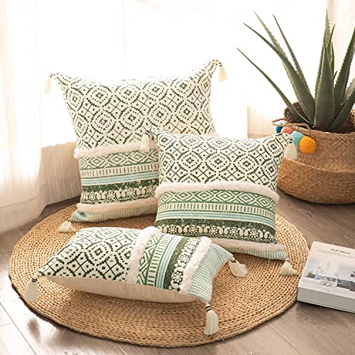 Image of Modern Homes Boho Tufted Decorative Throw Pillow Covers for Couch Sofa - Moroccan Style Cushion Covers with Tassels, Accent Decor Pillow for Bedroom Living Room (Green, 16x16 inch)