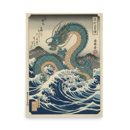 Póster de dragón japonés Wave Wall Art, lámina decorativa tradicional en bloque de madera