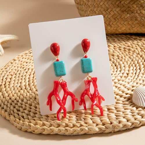 Coral Earrings For Women, Boho Long Geometric Turquoise Acrylic Ocean Pendant Beach Summer Charm Statement Jewelry Gift3