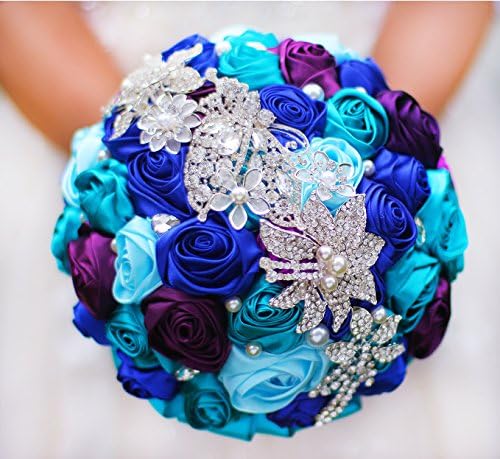 Miniatura 2 de Ramo de novia sosteniendo flores, ramo de novia nupcial romántico y colorido con rosas, ramos de novia en púrpura y rosa (azul teja púrpura)