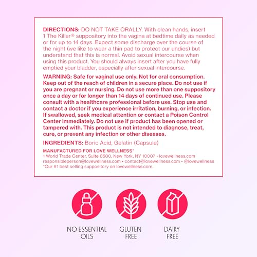 love wellness the killer  boric acid vaginal suppositories  balances ph amp supports odor control a healthy vaginal balance and environment  fast-acting amp fragrance-free  gentle amp effective  14 ct