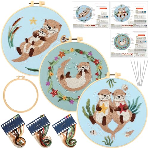 Image of Mindsoft 3 Set Needlepoint Kit for Beginners with Hoop,Otter | Bamboo Hoop Thread Needles Instructions, Easy Hand Embroidery for Beginners Home Crafts,Pre-stamped Funny Cute Designs