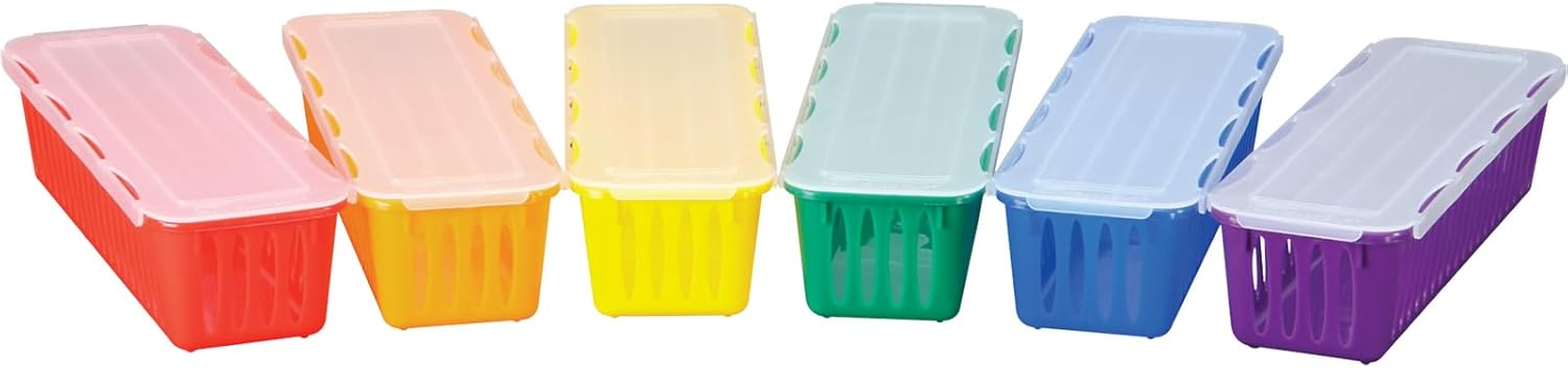 Really Good Stuff Storage Baskets, Set of 6 - Rainbow Colors with Sliding Lids - Plastic Mesh Bins for Pencils, Markers, Art Supplies - 3.25x10x2.5 inches